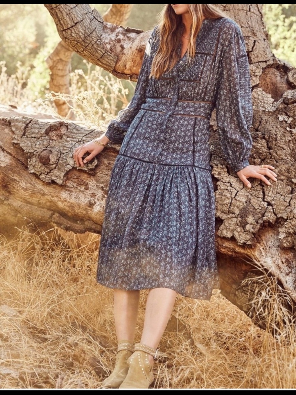 Joie Bohemian Floral Midi Dress in Dusty Blue